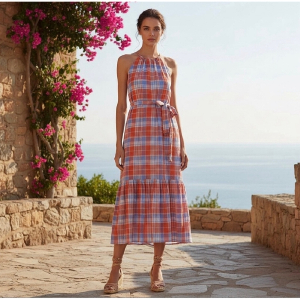 Tommy Hilfiger Dress Bayfront Plaid Cotton Belted Midi size 14